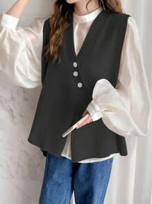 Minimalist Design Solid Color V-Neck Sleeveless Cardigan Vest - Black - View 1