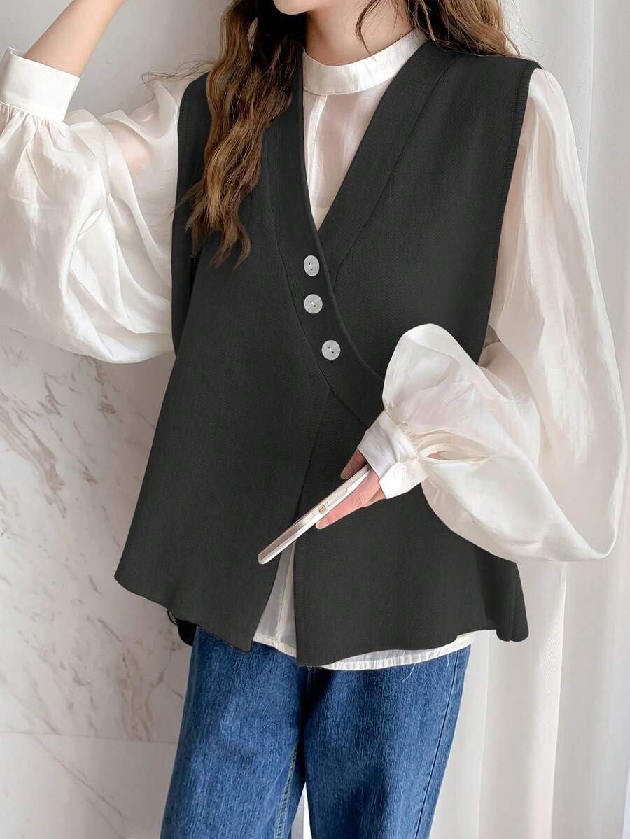 Minimalist Design Solid Color V-Neck Sleeveless Cardigan Vest - Black - View 1