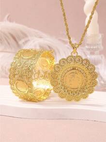 1 Set Middle East Style Fashion Palace Hollowed-Out Sunflower Round Pendant Necklace, Matching Napoleon Coin Portrait Engraved Adjustable Bangle, Suitable For Wedding, Party, And Event Wear