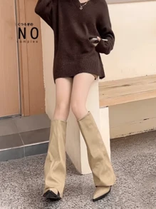 2024 Fashionable Versatile Chunky Heel Riding Boots, Pointed Toe High Shaft Boots, Retro European Style Slouch Boots For Women - Apricot - View 2