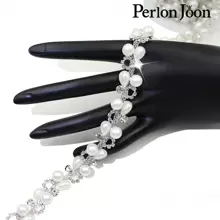 Perlon Joon 1条白色珍珠水晶水钻饰边丝带，水晶银色珍珠扁链，新娘婚纱装饰配饰 - 銀色 - 查看 3