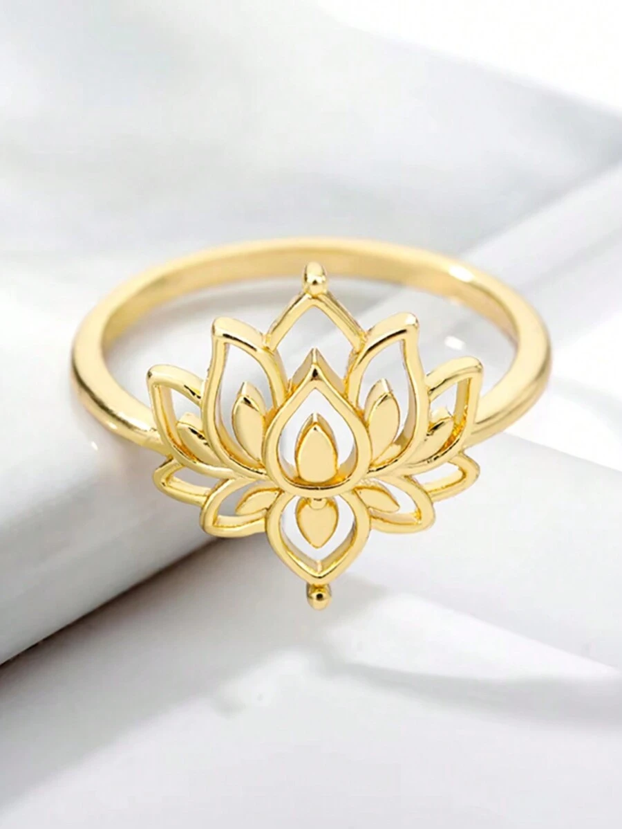 1pc Vintage Lotus Flower Ring, Women's Gold Stainless Steel Floral Ring, Wedding Couple Ring, Elegant Jewelry, Gift For Valentine's Day, Mother's Day - Flower - View 1