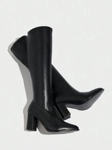 Modische minimalistische schwarze Stiefel mit hohem Absatz, elastischem Schaft und spitzer Zehenform für Damen, Schlupfstil, geeignet für Herbst und Winter