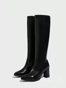 Modische minimalistische schwarze Stiefel mit hohem Absatz, elastischem Schaft und spitzer Zehenform für Damen, Schlupfstil, geeignet für Herbst und Winter