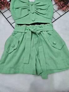 Fleur De Lis - Elegant Girls' Set With Blouse And Shorts With Bow - màu xanh lá - Xem 2