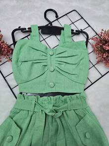 Fleur De Lis - Elegant Girls' Set With Blouse And Shorts With Bow - màu xanh lá - Xem 3