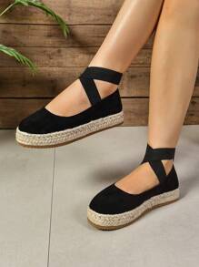 Damen Mode Lässig Keilschuhe mit dickem Boden und geflochtener Seil-Optik für alle Jahreszeiten, hochwertige wasserfeste Plateau-Freizeitschuhe mit Keilabsatz in Schwarz, Pink, Beige, Braun, Silber - retroartige flache Sandalen mit Kreuz-Elastikband - Schwarz - Übersicht 3