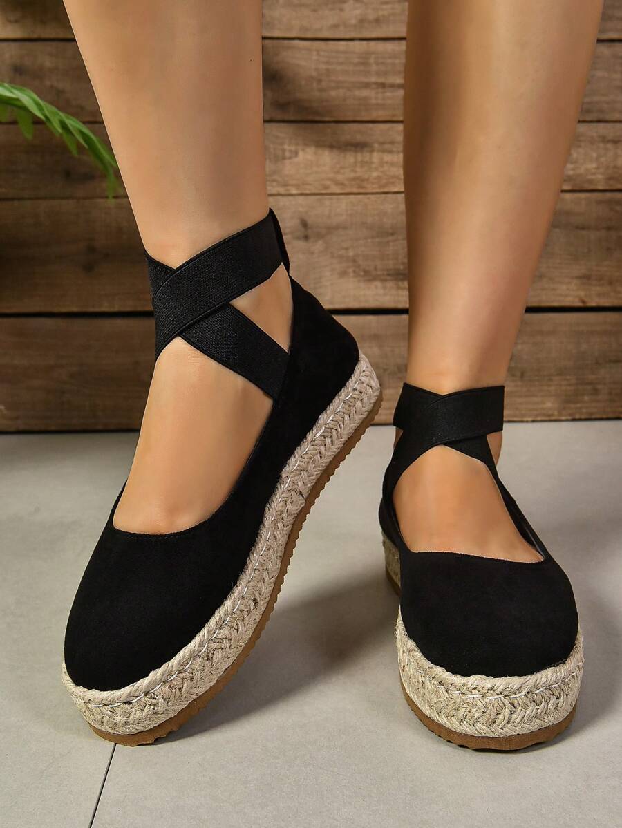 Damen Mode Lässig Keilschuhe mit dickem Boden und geflochtener Seil-Optik für alle Jahreszeiten, hochwertige wasserfeste Plateau-Freizeitschuhe mit Keilabsatz in Schwarz, Pink, Beige, Braun, Silber - retroartige flache Sandalen mit Kreuz-Elastikband - Schwarz - Übersicht 1