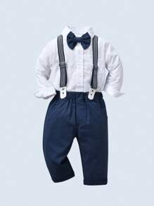 BOARNSEORL 2 peças de roupa de cavalheiro para meninos, camisa branca de manga comprida com gravata borboleta e calças suspensórias azul-marinho, traje formal da moda para festa de aniversário, casamento, comemoração de aniversário