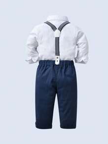 BOARNSEORL 2 peças de roupa de cavalheiro para meninos, camisa branca de manga comprida com gravata borboleta e calças suspensórias azul-marinho, traje formal da moda para festa de aniversário, casamento, comemoração de aniversário