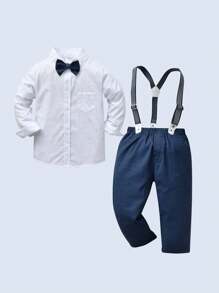 BOARNSEORL 2 peças de roupa de cavalheiro para meninos, camisa branca de manga comprida com gravata borboleta e calças suspensórias azul-marinho, traje formal da moda para festa de aniversário, casamento, comemoração de aniversário