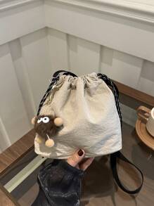 1pc Plush Pendant Accessory Included, 1pc Nylon Solid Color Drawstring Bucket Bag, Crossbody Shoulder Bag For Women, Fashion - Beige - View 3