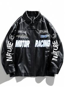 女士时尚休闲宽松修身夹克皮夹克黑色春季款 - 黑色 - 查看 2