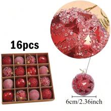 16 Stück/Box 6CM Weihnachtskugeln Ornamente Champagner Gold Rot Glitzer Schaumstoffkugeln Basteleien für Weihnachtsbaum Hängende Anhänger Geschenk Heim Dekoration Weihnachtsdekorationen Raumdekoration Winter