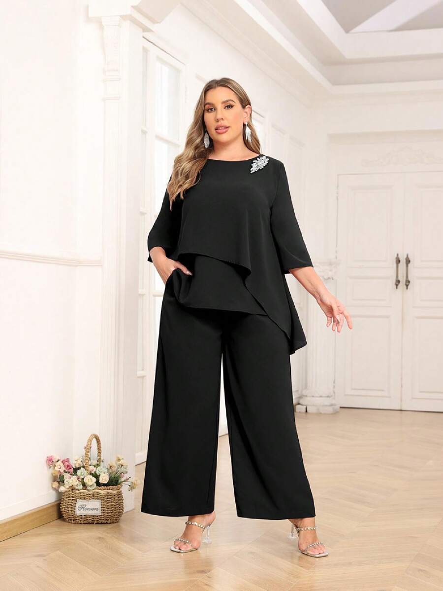 Graduation Plus Size Pant Suits Mother Of Bride Dressy Pant Suits 2 Piece Outfits With Pockets For Women Wedding Guest - 黑色 - 查看 1