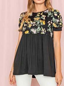 Boho Retro Baby Doll Ivory Navy Blue Floral Color Block Tunic Top Shirt - màu đen - Xem 2