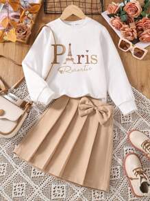 Tween Girls Letter Print Long Sleeve Top And Solid Color Pleated Skirt