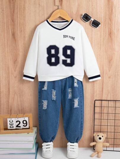 New York Letter Number Print V-Neck Top + Fashionable Distressed Denim Jeans