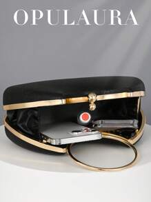 OpulAura 女士金属质感奢华晚宴手拿包，优雅的皮革派对手提包，闪亮的正式礼服手拿包，适合婚礼、舞会、生日、伴娘等正式场合，非常适合派对婚礼舞会晚宴/宴会，搭配节日派对礼服晚礼服和亮片礼服，与新年服装完美搭配，与女士派对礼服完美搭配，时尚派对包，非常适合派对、婚礼、舞会、晚宴/宴会、婚礼必备物品，与毕业礼服、舞会礼服完美搭配 - 黑色 - 查看 5