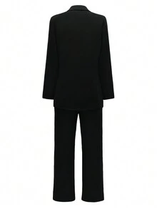 女士优雅休闲西装外套和直筒裤套装，秋冬，适合办公室工作，带肩垫