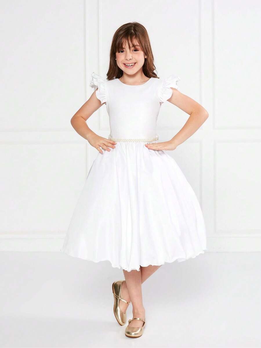 White Children's Dress Party Gode Plain Baptism Christening First New Year Bridesmaid Princess Flared Girl - trắng - Xem 1
