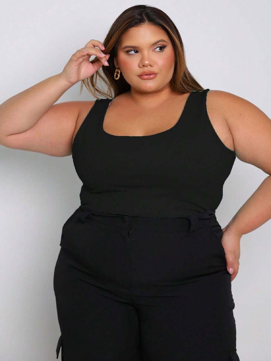 Women's Basic Premium American Summer Blogger Ribbed Tank Top Ribbed Knit - 黑色 - 查看 1