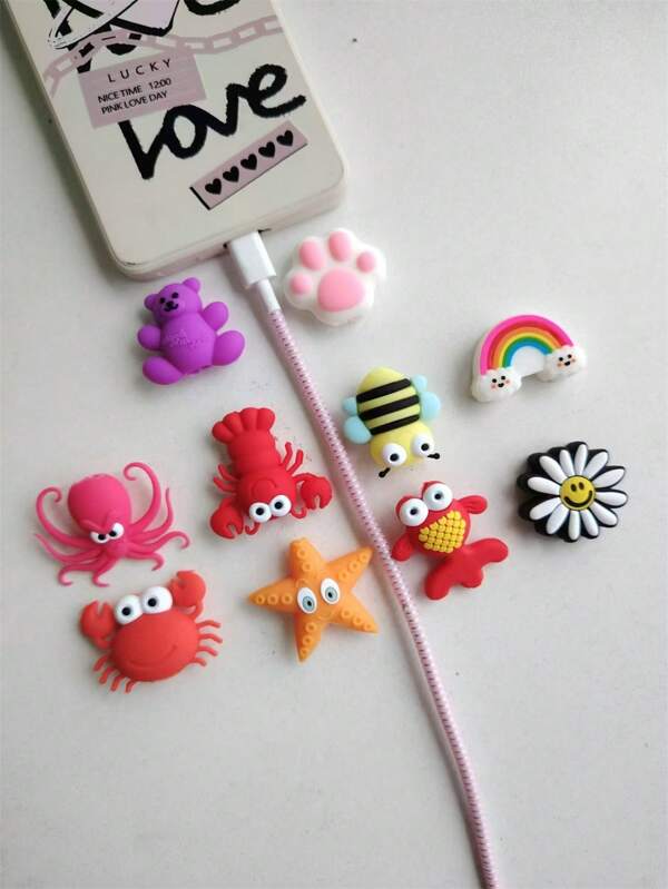 10pcs Cute Ocean Animal Designed Cable Protector, Protect Your Phone Interesting Data Cable Protective Case, Compatible With Apple 12/13/14/15 Cable Protector (Include Ocean Animal/Bee/Rainbow/ Flower/Cat Paw/Teddy Bear Styles) - Best Gift Charger Protector