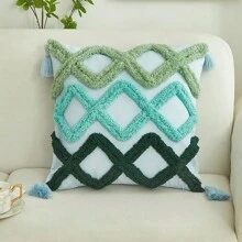 1 件波西米亚风格簇绒几何钻石形状刺绣流苏装饰抱枕套适用于客厅卧室 - 彩色 - 查看 13
