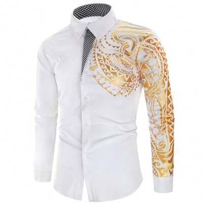 Camisa De Hombre De Manga Larga Con Estampado Dorado