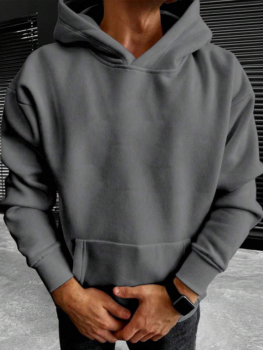 男士休闲纯色保暖内衬连帽衫，秋冬款 - 深灰色 - 查看 1