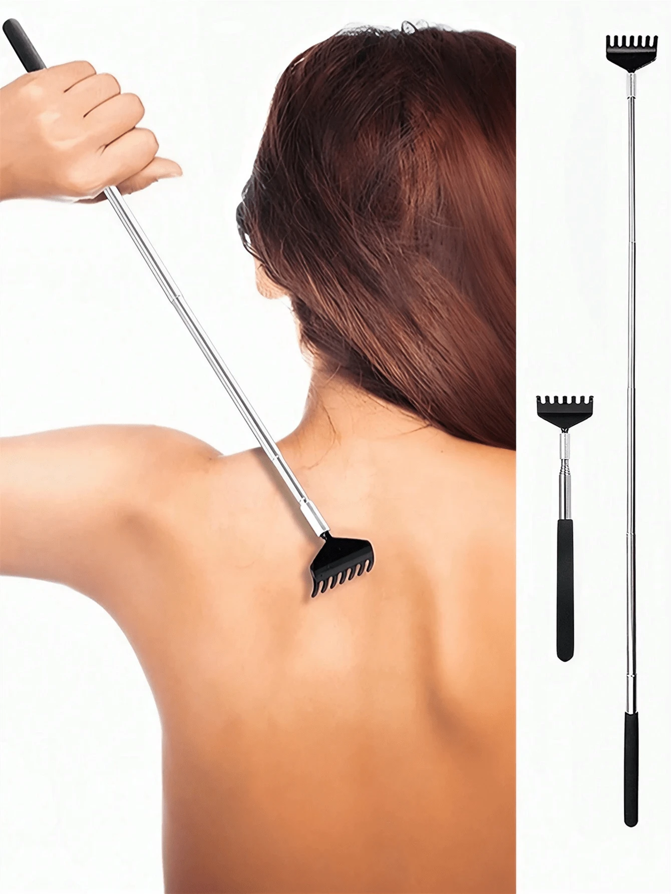 Stainless Steel Adjustable Back Scratcher, Long Handled Massager, Safe For Skin, Multi-Functional High-End Back Scratching Tool, Cat Pet Grooming & Massage Brush - Black - View 1
