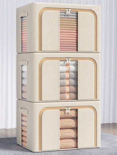 Oxford Cloth Solid Color Foldable Storage Box With Steel Frame And Transparent Window, For Clothes Or Quilt (Available In Single Or Double Window, Different Sizes Have Different Quantity Of Steel Frames) Decorations Decor Festival Decor Room Decor Home Decor Bed Room Decor Dress Pants Shoes Jeans Boots Skirt Bedroom, Organizer, Home Storage, White T Shirt Women, Black Pants Women, Ladies Winter Clothes, Dress,