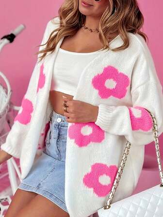 Autumn/Winter New Women's Casual Fashion Floral Print Knitted Long Sleeve Cardigan, Contrast Color Floral Cute Unbutton Cardigan, Long Sleeve Sweater Cardigan, Contrast Color, V-Neck, Sweater, Knitted Open Cardigan, European And American Street, Retro, Fashion Contrast Color, Winter Women's Wear, Elegant, Cute, Slouchy Home, Fashionable