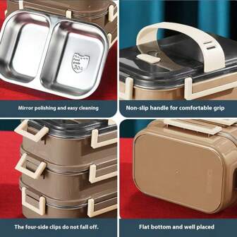 Model nou cu mâner și cutie Bento cu zăvor pătrat, special concepută pentru studenți, cu un recipient alimentar pătrat multistrat, fabricat din oțel inoxidabil 304 pentru a asigura siguranța și sănătatea alimentelor. Design portabil cu mâner robust și durabil pentru transport ușor. Sistemul unic de etanșare cu zăvor pătrat previne eficient scurgerea supei.