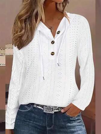 Women's Solid Color Half-Zip Casual Long Sleeve Hooded Sweatshirt With Openwork Jacquard, Spring