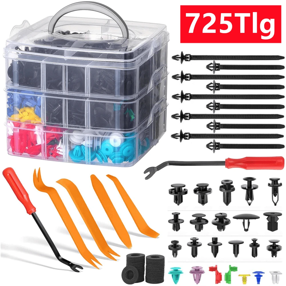 725pcs Car Vehicle Expanding Rivets Assortment Car Door Interior Fastening Clips Kit Set. Often Used For Car Door Panels, Trim Parts, Fenders, Bumpers, Side Skirts, Engine Covers, Sign Holders, Etc.