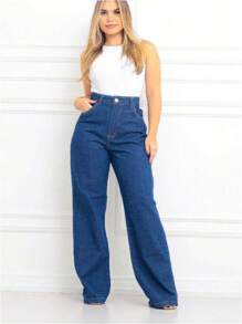 Women's Wide Leg High Waist Jeans - 深色水洗藍 - 查看 3