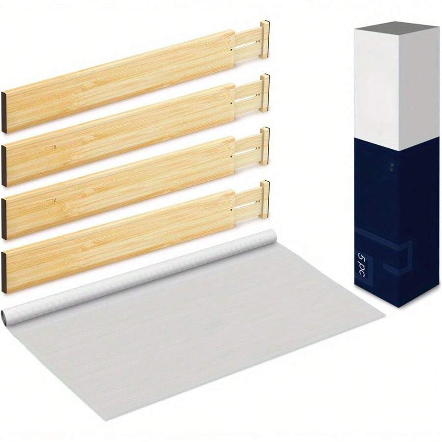Juego de separadores de cajón - 4 separadores de cajón ajustables y almohadillas antideslizantes - Almacenamiento de cajón de bambú de 17 pulg. a 22 pulg. para uso en cocina y oficina - Color de la madera - Ver 1