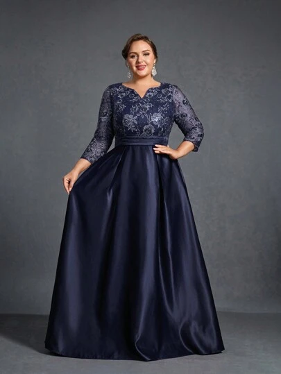 Plus 女士缺口领缎面下摆亮片新娘母亲礼服、婚礼活动礼服、优雅新娘礼服、新娘送礼会礼服