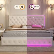 SIBEDS Queen Upholstered RGB LED Platform Bed Frame With Storage Drawers, Crystal Tufted Headboard, Velvet Cream - Kem nhung - Xem 2