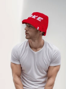 1pc  Street Hip-Hop Red Fisherman Beanie Knit Hat With CAKE Letter, Female Warm Headband Hat Handmade Crochet Wave Edge Ruffle Hat,Autumn/Winter Cute,Men's Vintage Street Style Knitted Hat Fashion Cool Bucket Hat Autumn And Winter Fashion Hat