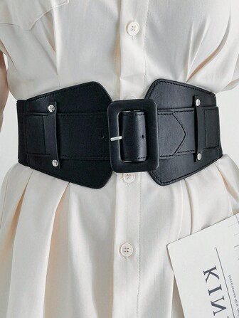1 pieza Corset negro de moda para mujer, cinturón elástico de cintura de PU, versátil para vestido, chaqueta, camisa, accesorio de cintura simple para señoras, para vestido, vaquero occidental, vaquera, atuendo campestre, vintage. Cinturón de corset negro para vestido, entrenador de cintura para estilizar y controlar el abdomen.