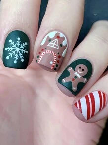 Bộ 24 móng tay giả vuông ngắn, cây thông Noel nhiều màu & nhũ xanh lá cây ánh kim, bộ móng nghệ thuật có thể tháo rời che phủ toàn bộ dành cho phụ nữ dự tiệc, ngày lễ, mặc hàng ngày - Đỏ - Xem 8