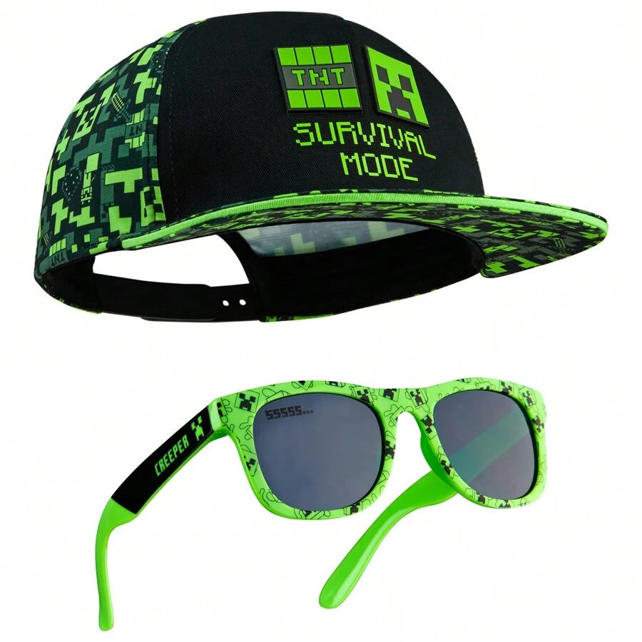 Minecraft Sunglasses Baseball Cap Set Creeper Adjustable Hat 100% UV Holiday Accessories Gamer Gift - Black - View 1