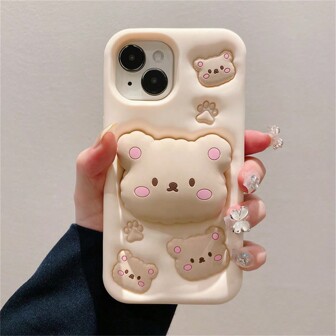 Husă de telefon drăguță cu design urs 3D cu desene animate, cu suport retractabil, compatibilă cu iPhone 13/13 Pro/13 Pro Max, IPhone 14 Pro Max/14 Pro/14, IPhone 11, IPhone 12, IPhone 15 Pro Max/15 Pro/15, silicon moale Acoperi