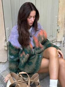 Women Art Print Cardigan Spring Autumn Buttons KnitwearFall Winter Warm Sweater - Multicolor - View 1