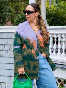 Women Art Print Cardigan Spring Autumn Buttons KnitwearFall Winter Warm Sweater - Multicolor - View 5