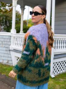 Women Art Print Cardigan Spring Autumn Buttons KnitwearFall Winter Warm Sweater - Multicolor - View 4