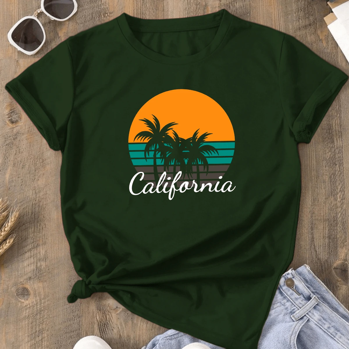 Women's T-Shirt California Beach Blouse - 軍綠色 - 查看 1