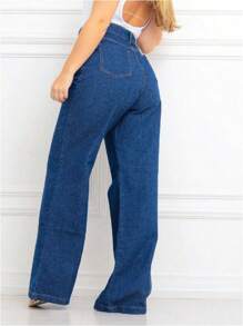 Women's Wide Leg High Waist Jeans - 深色水洗藍 - 查看 2